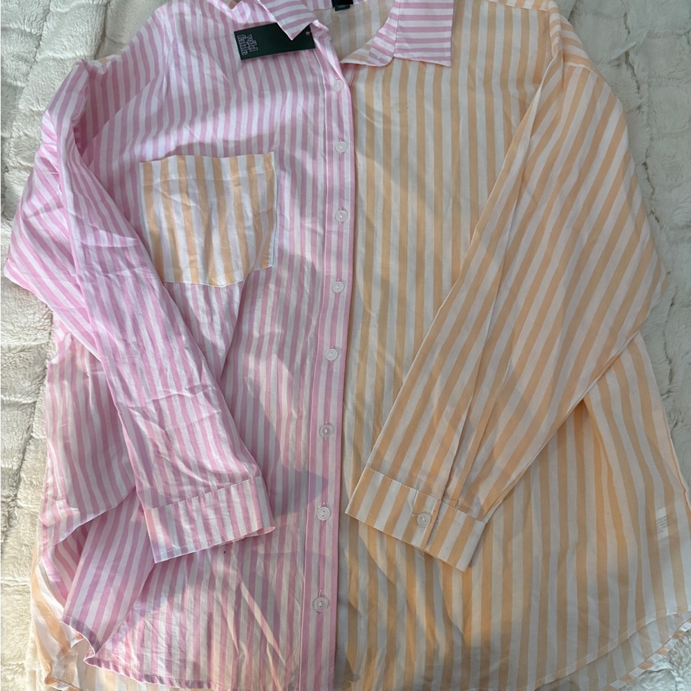 Striped Pink and Orange Button-Up Shirt
